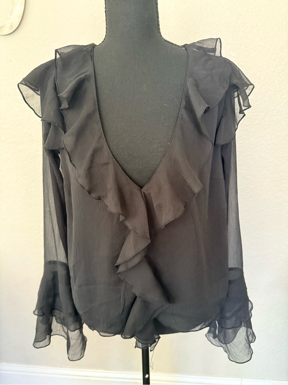 American Eagle Outfitters Black Ruffle V-Neck Sheer Blouse